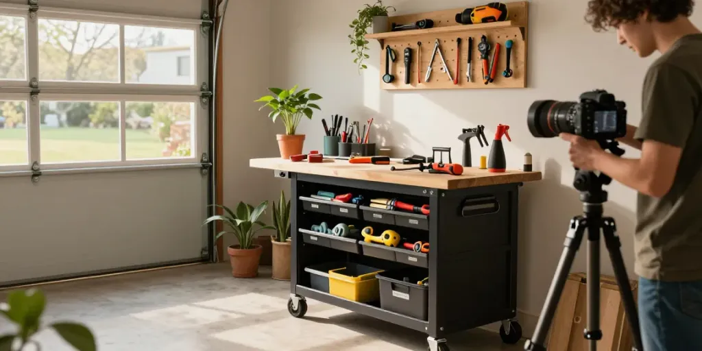 Person utilizing stanley essential rolling workshop for tool organization in a bright garage