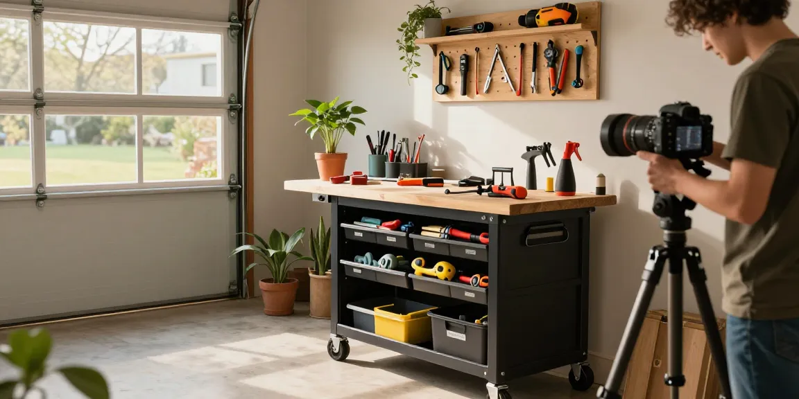Person utilizing stanley essential rolling workshop for tool organization in a bright garage