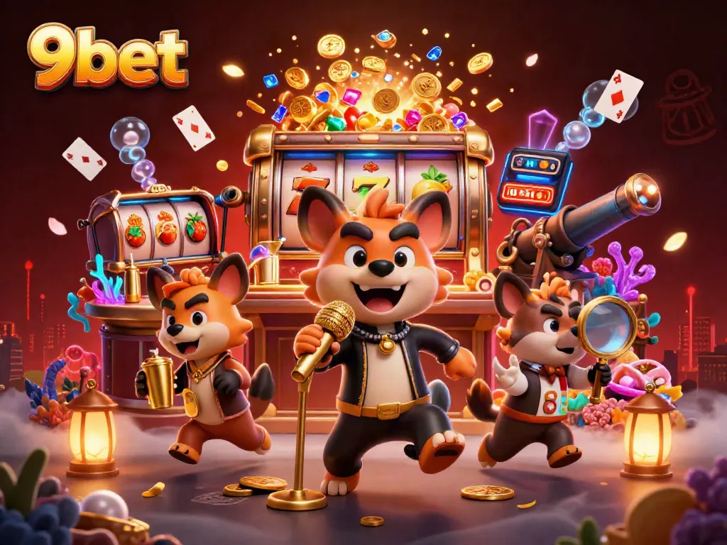 Experience the fun of 9bet with lively hyena characters in a vibrant casino scene.