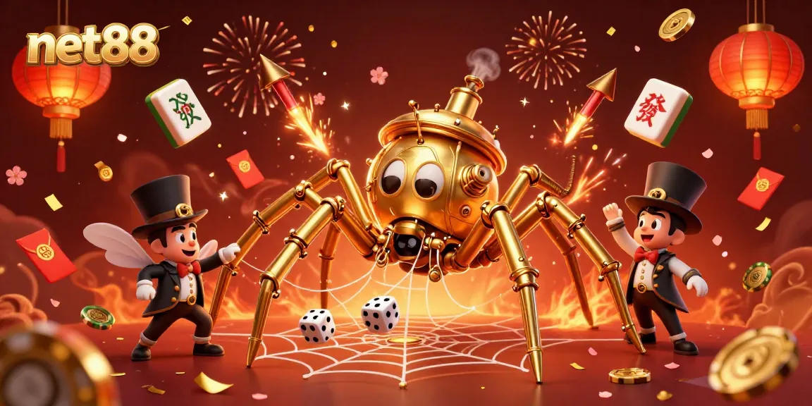 Engage in thrilling action with net88, a lively steampunk scene depicting a spider and lucky dice.