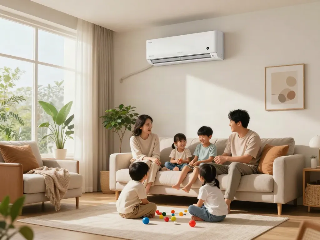 Family enjoying a movie in a cozy living room with a stylish mini split air conditioner.