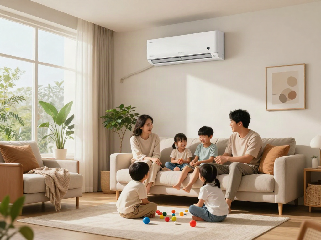 Family enjoying a movie in a cozy living room with a stylish mini split air conditioner.