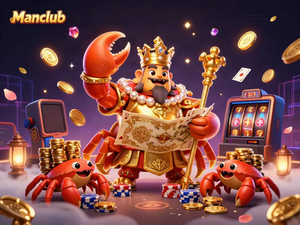 Experience excitement with Manclub's golden crab emperor surrounded by animated casino elements!