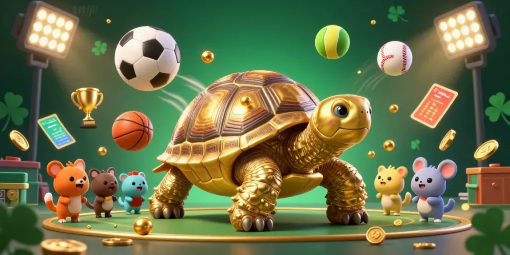 Experience thrilling gameplay at tttjl with a giant tortoise pinball machine surrounded by dynamic sports elements.