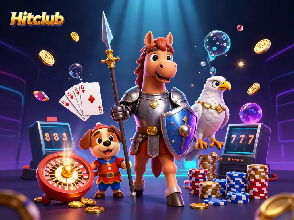 Hitclub showcases immersive casino gaming with knights, coins, roulette, and poker, capturing vibrant action.