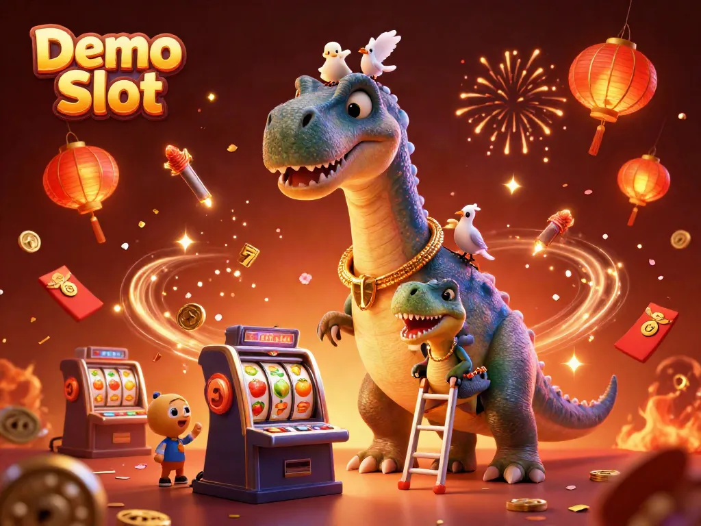 Experience the thrill of Demo Slot with vibrant characters and festive elements in a casino atmosphere.