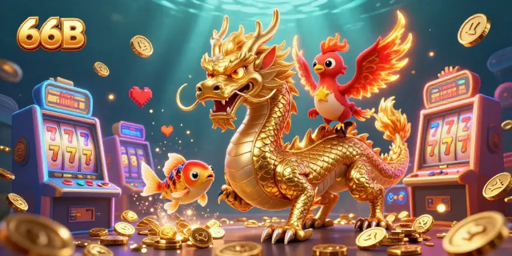 Engage in thrilling slot games with 66B representation in a dynamic scene featuring a dragon, phoenix, and koi fish.