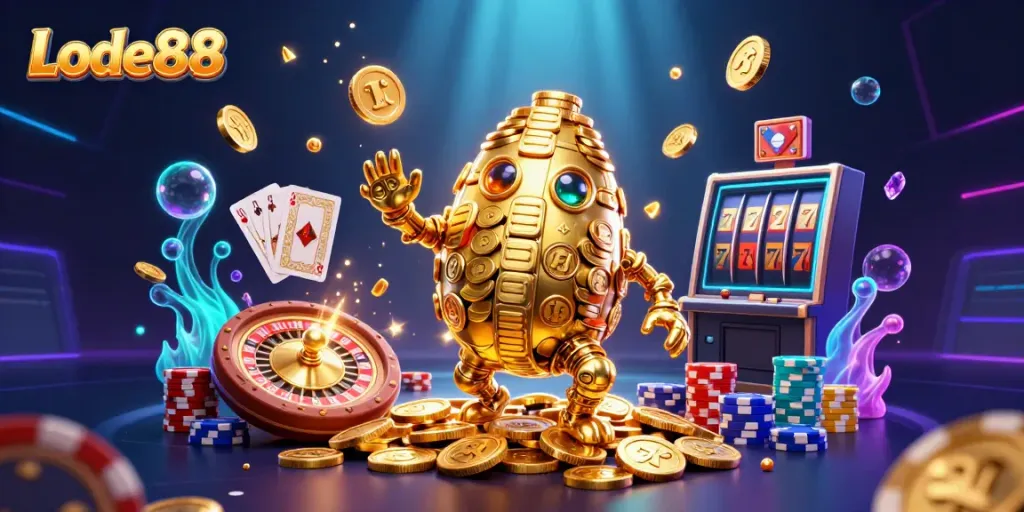 Spin the reels with Lode88's golden golem and vibrant casino elements in dynamic 3D.