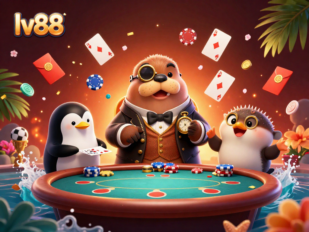 lv88 poker scene with a walrus, penguin, and pufferfish showcasing excitement in gaming
