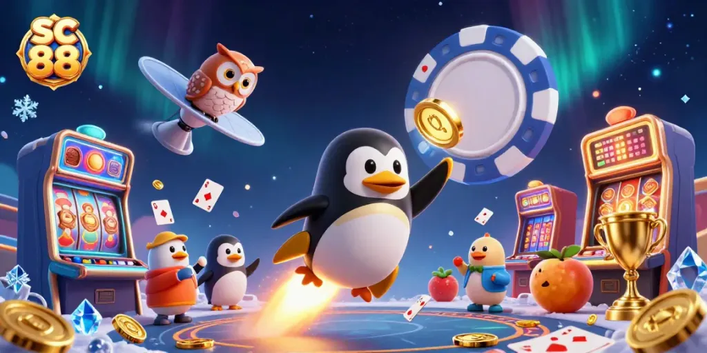 Experience the thrill of sc 88 with a dynamic rocket-powered penguin and casino icons!
