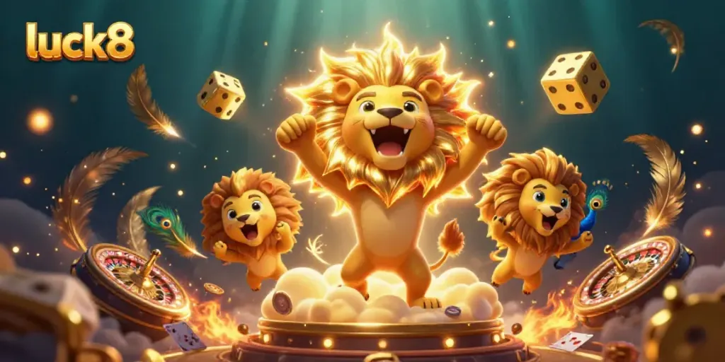 Engage in thrilling luck8 bets with a dynamic casino scene featuring animated lion, vibrant dice, and casino elements.