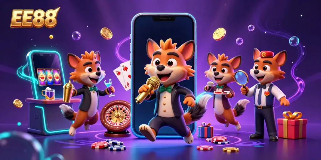 Experience the lively EE88 comedy casino club with hyenas entertaining and gaming, showcasing vibrant slot action.