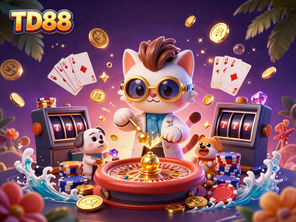 Win big at TD88 with the mad scientist cat and dog in a vibrant casino scene.