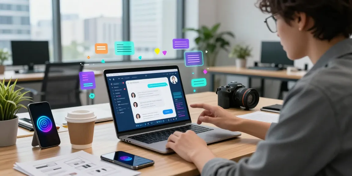 Engaging workspace scene showing juicy chat ai interaction on laptop with digital elements.