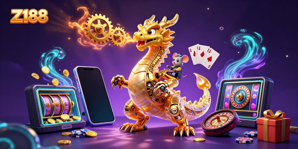 Z188 features a golden dragon and mouse engineer amidst vibrant casino elements and glowing effects.