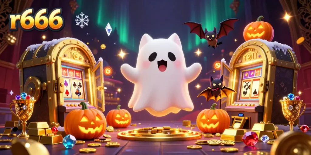 Spin the reels at r666's haunted casino with a friendly ghost cat and treasures abound.