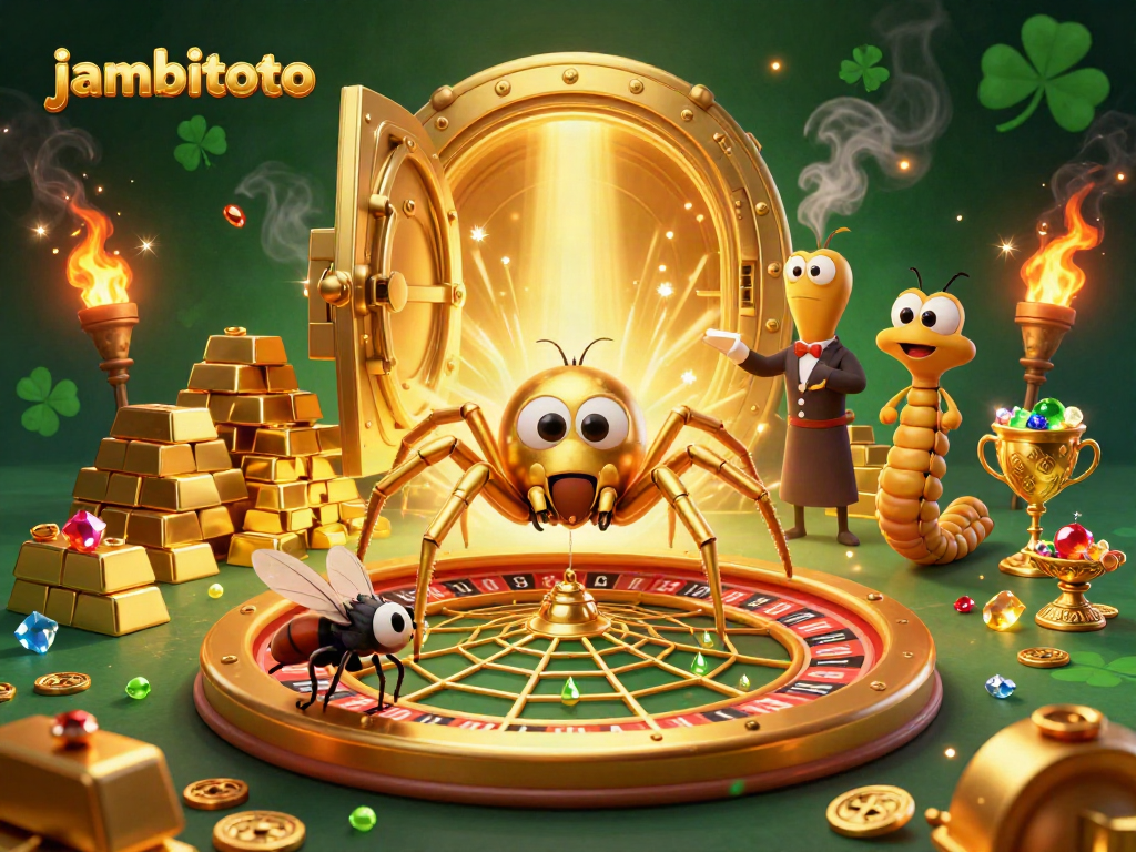 Engage in thrilling bets with jambitoto, where a golden spider spins winning chances in a vibrant, dynamic casino scene.