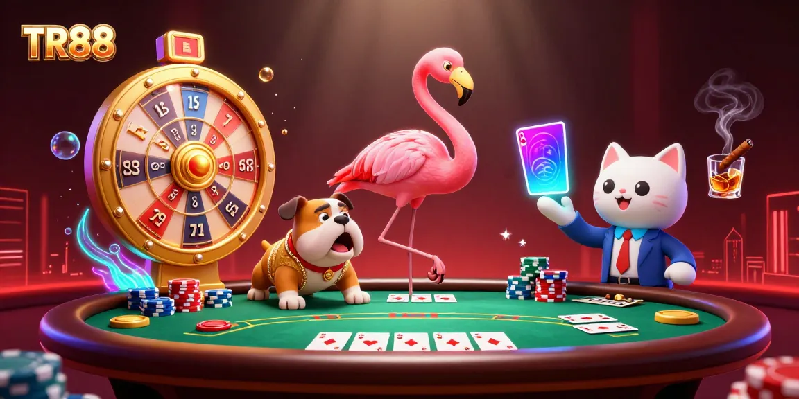 Exciting scene from TR88 casino featuring a flamingo host, bulldog contestant, and scoreboard cat assistant with gambling elements.