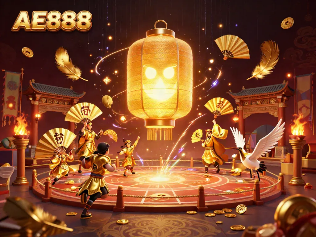 Experience exhilarating gambling at AE888's casino with vibrant lantern spirits and fortune symbols.
