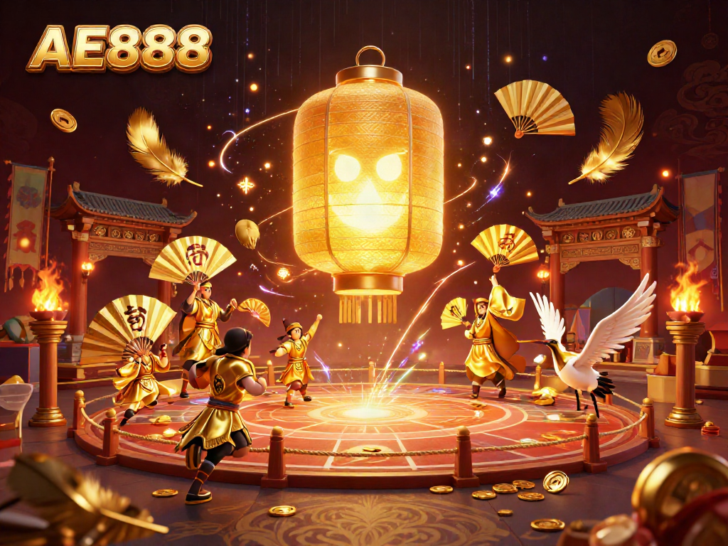 Experience exhilarating gambling at AE888's casino with vibrant lantern spirits and fortune symbols.