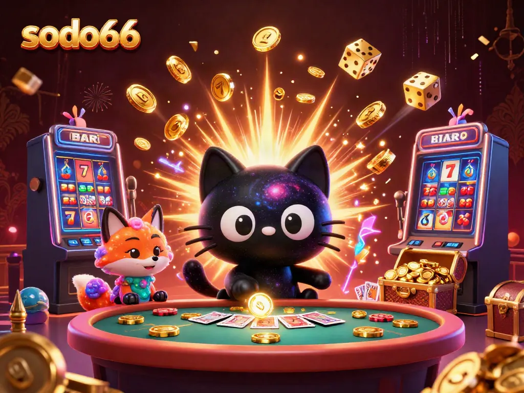 Savor the excitement of casino gaming with sodo66, featuring a cosmic black hole cat at a colorful table.