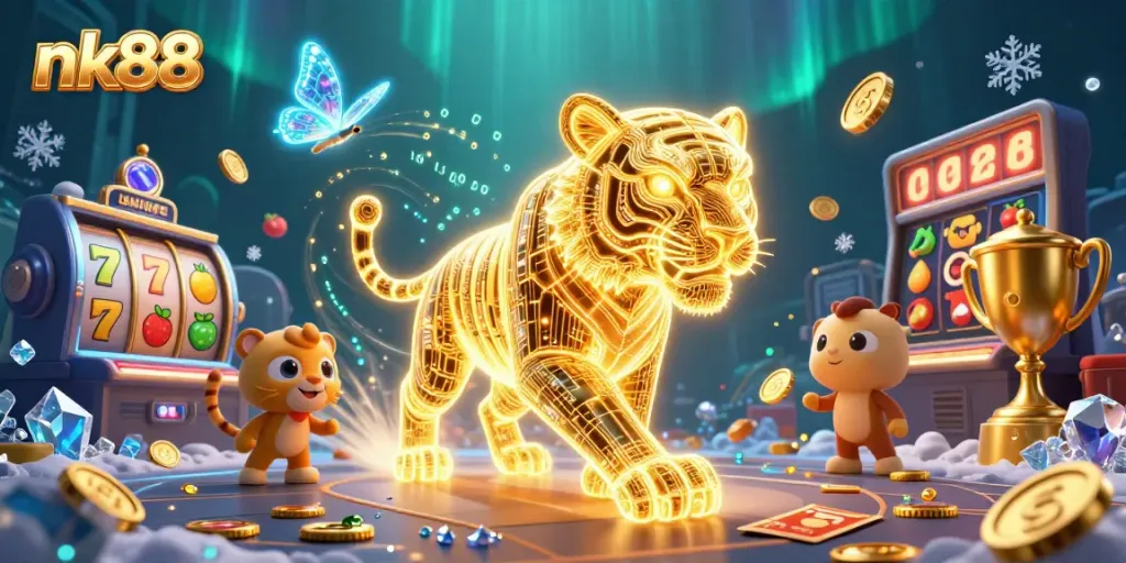 Experience thrilling gameplay with nk88's golden tiger illuminating a digital casino filled with slot reels and jackpots.