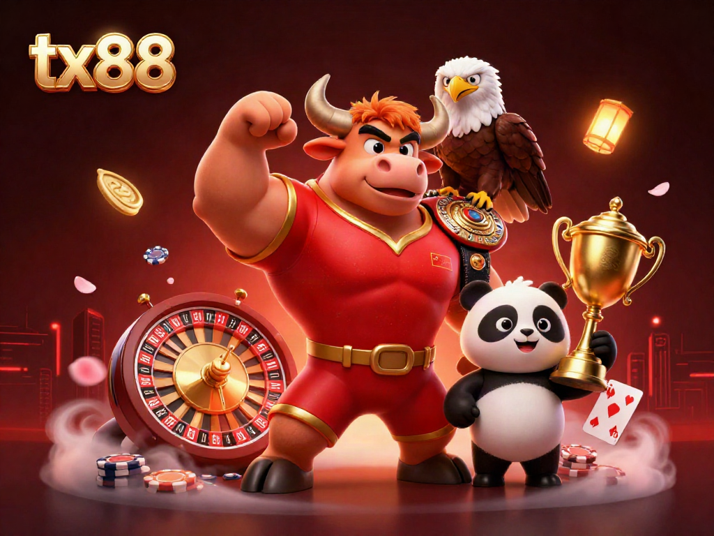 Experience exciting casino action with tx88's vibrant gaming scene featuring a muscular bull and a cheerful panda.