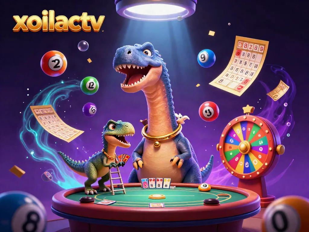 Xoilactv showcases an exciting casino atmosphere with dynamic elements and cartoon characters interacting energetically.