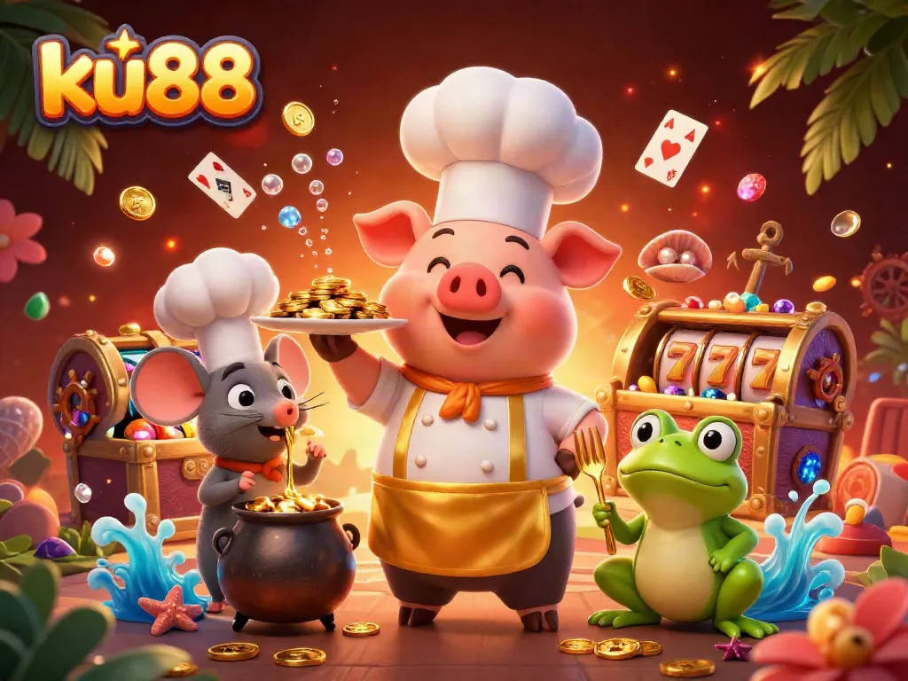 Join the excitement at ku88 casino with a chef pig serving gold coins amidst vibrant gaming elements.