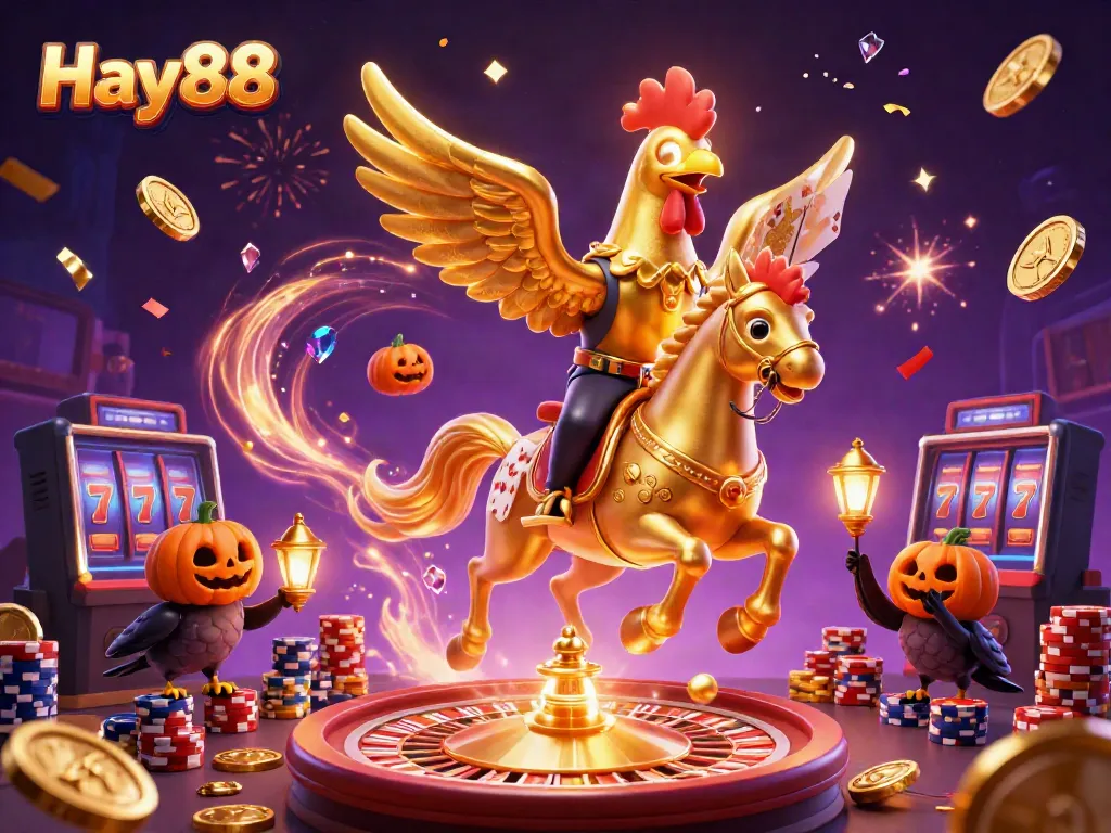 Experience exciting gameplay at Hay88 with golden rooster character amidst casino games.