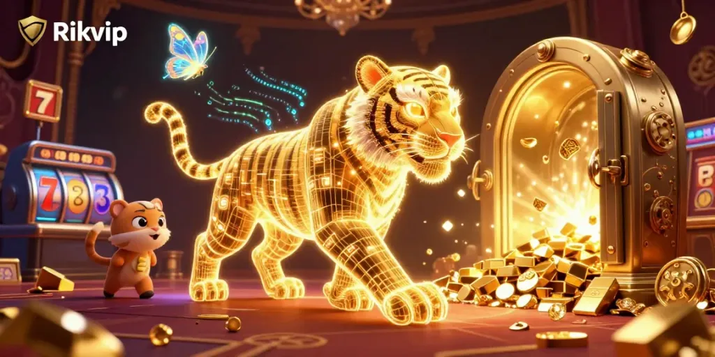 Engage in exciting gameplay at Rikvip with a vibrant scene showcasing casino elements, a golden tiger, and treasure.