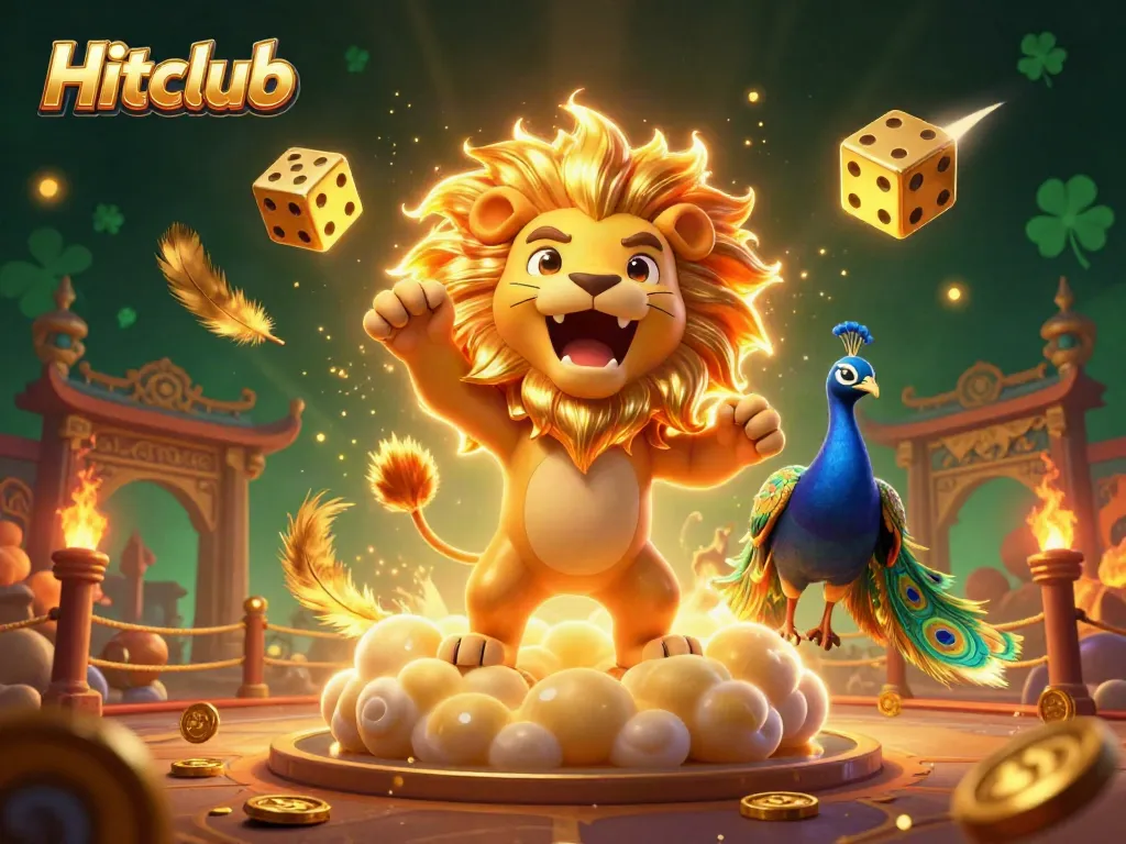 Hitclub enhances gambling excitement with dazzling golden dice and a roaring lion in a lively casino scene.