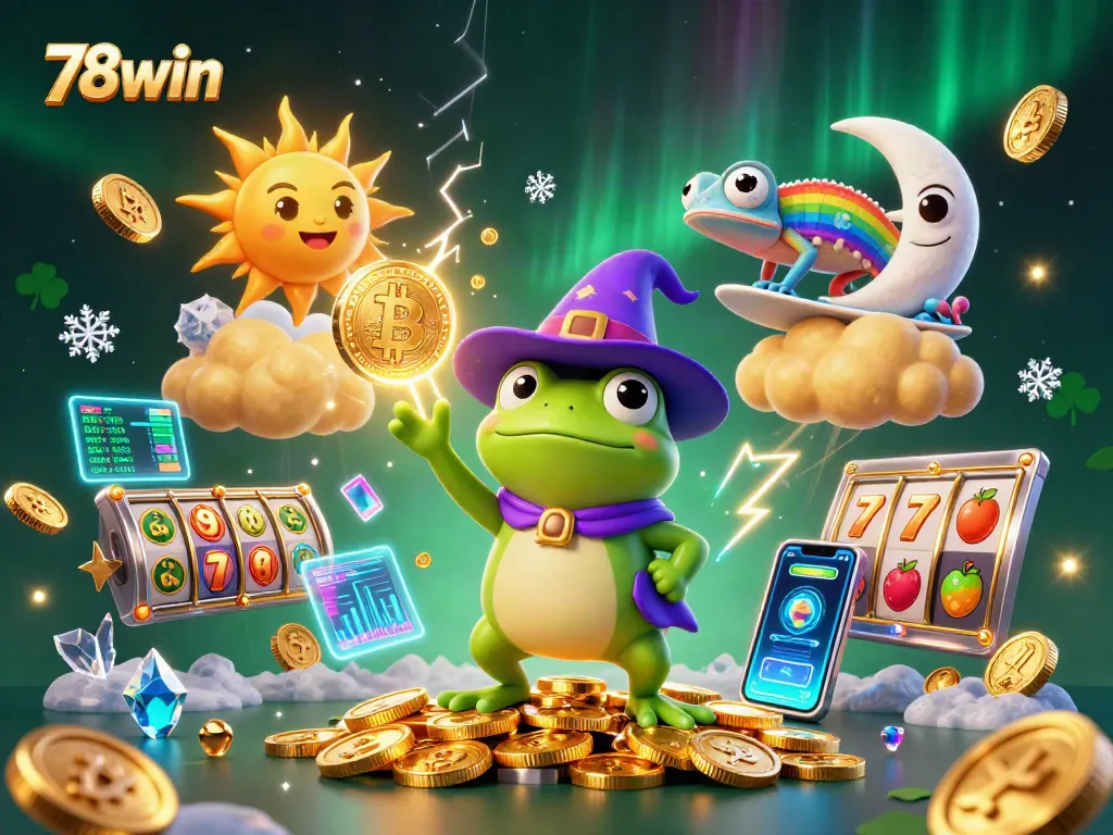 Experience thrilling wins at 78win with a vibrant 3D illustration of slot games and crypto coins.