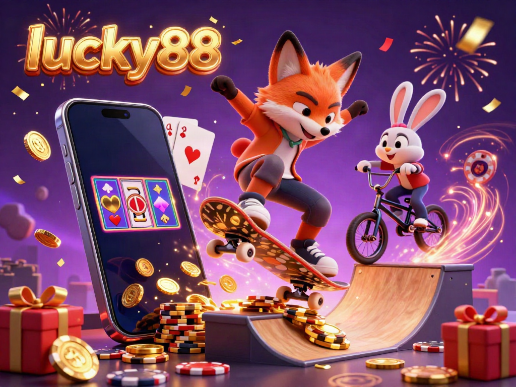 Experience the thrill of fun and excitement with lucky88 as vibrant characters perform acrobatics amidst casino symbols.