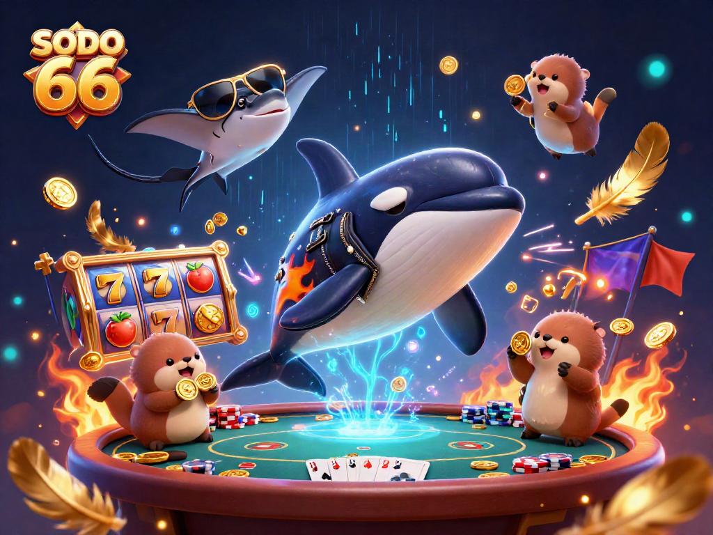 SODO 66 captures thrilling moments with an orca, stingray, and otters in a vibrant casino scene.
