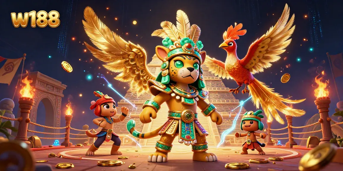 Engage with the vibrant world of w188 featuring a Mayan jaguar priest, colorful birds, and dynamic gambling elements.