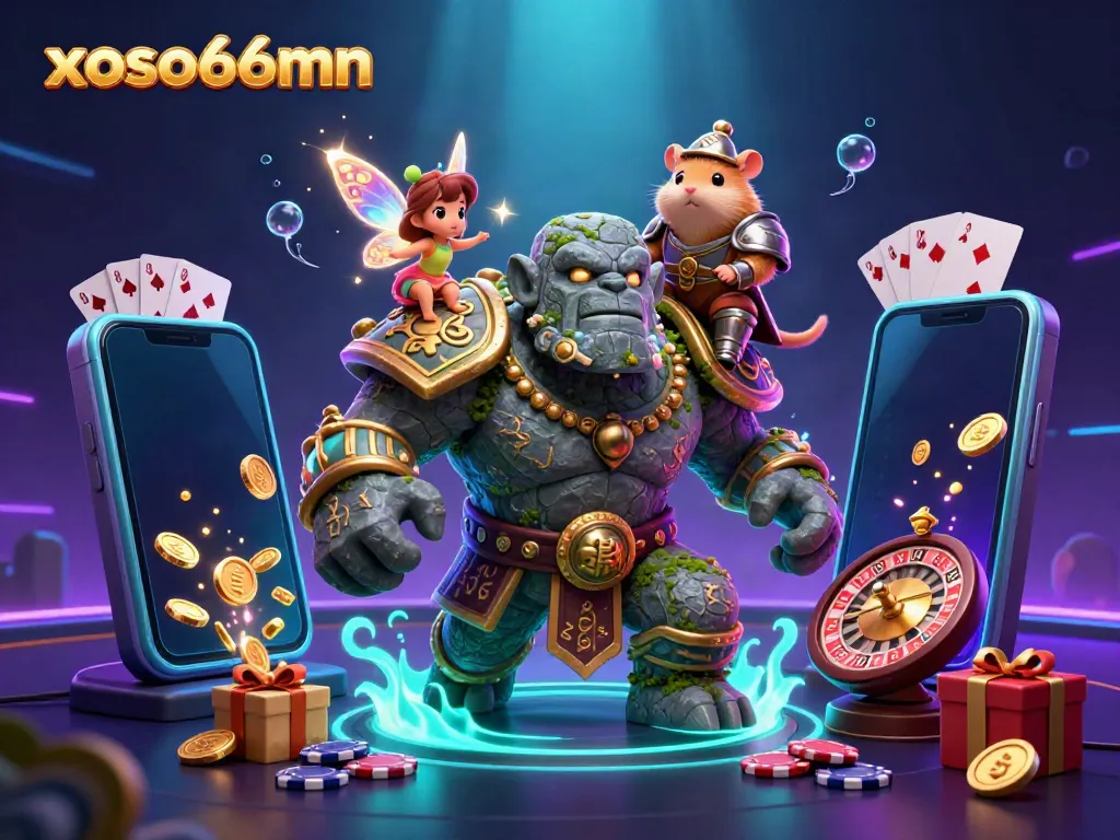 Engage with xoso66mn's vibrant 3D illustration featuring guardians and magical elements intertwined with slot games and casino symbols.