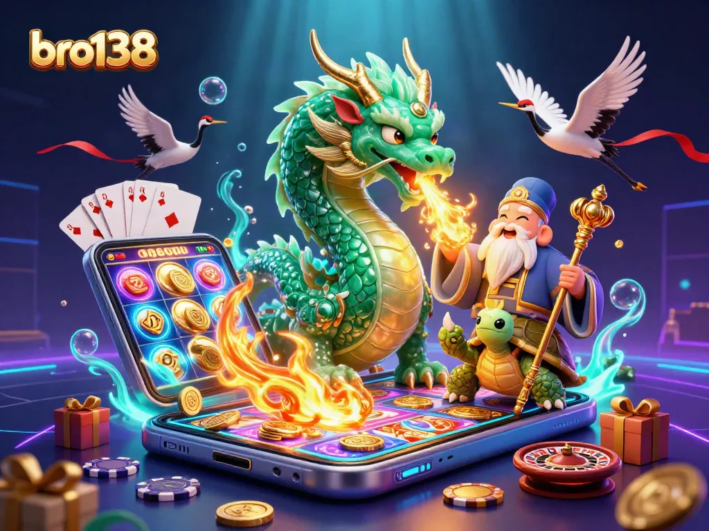 Win big at bro138 with a majestic jade dragon, colorful slot games, and lucky symbols!