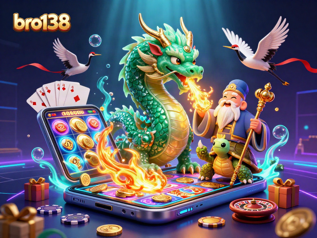 Win big at bro138 with a majestic jade dragon, colorful slot games, and lucky symbols!