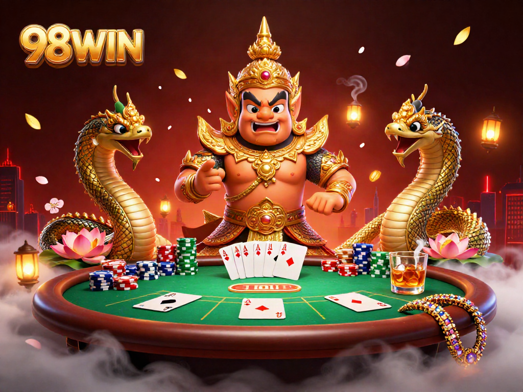 Experience dynamic gaming with 98WIN featuring vibrant poker scenes and triumphant guardians.