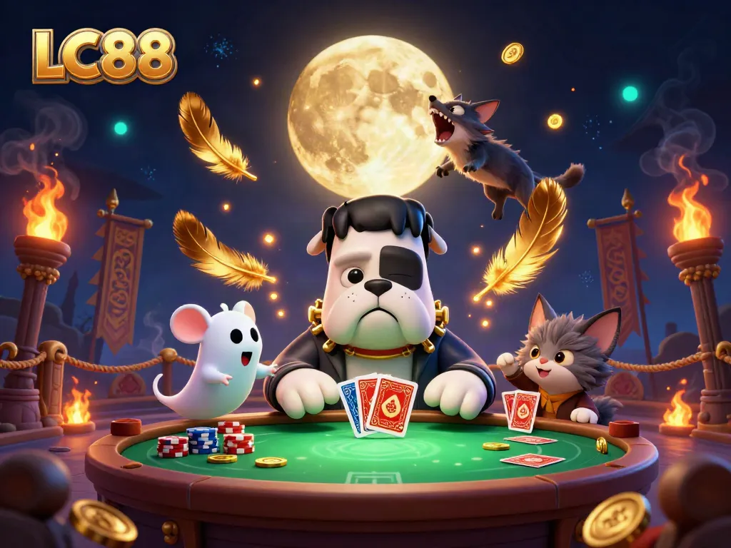 LC88 showcases a Frankenstein bulldog dealer at a spooky casino table, enhancing gaming excitement.