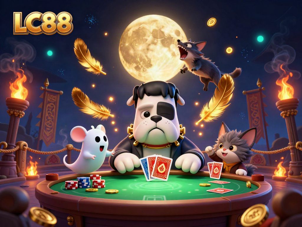 LC88 showcases a Frankenstein bulldog dealer at a spooky casino table, enhancing gaming excitement.
