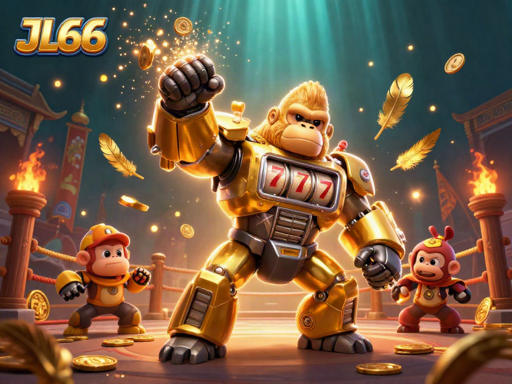 Experience JL66 with a golden gorilla mech amidst a vibrant casino battle scene, showcasing explosive wins.