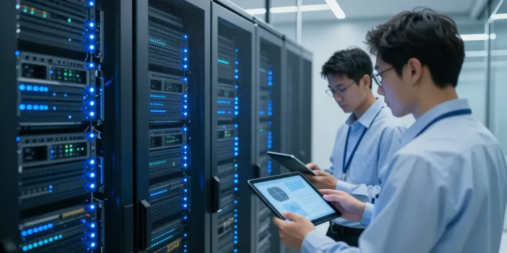 Configuration review services in action in a modern data center with high-tech server setups and expert monitoring.