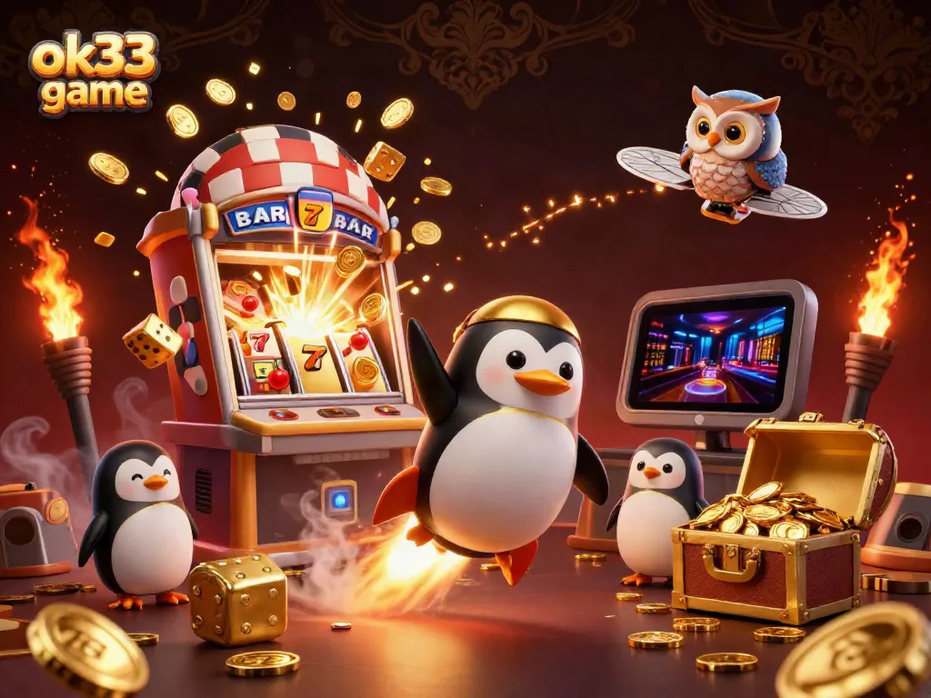 Immerse in the thrilling ok33 game experience with a golden penguin, jackpot slot machine, and dazzling casino elements.