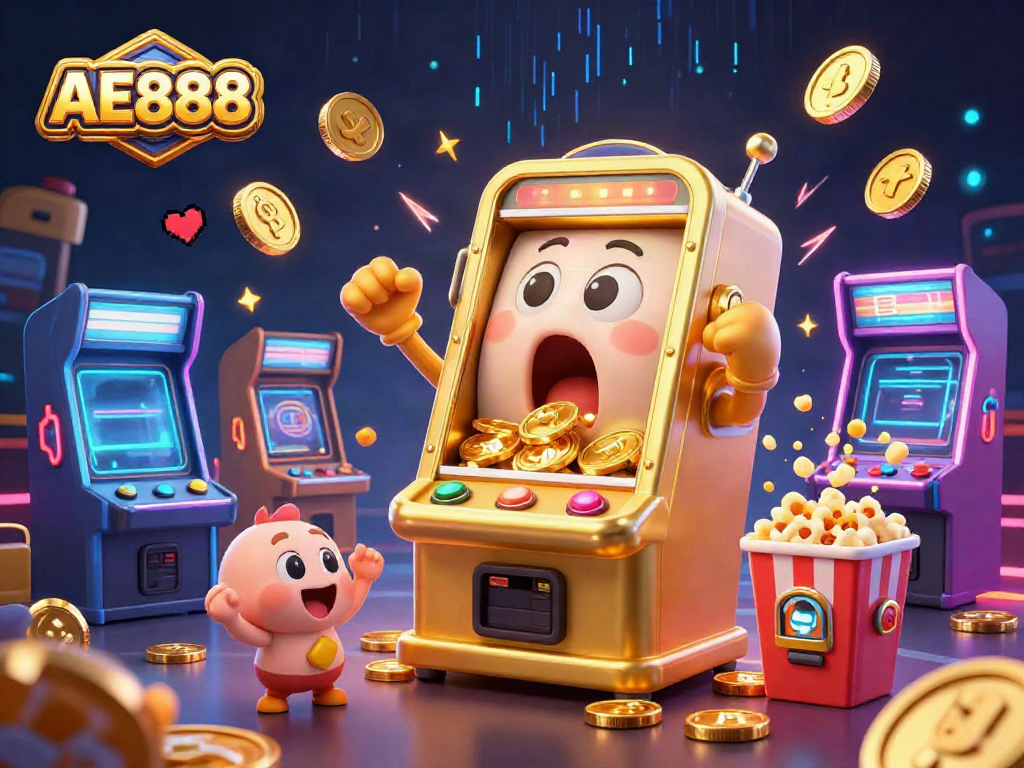 Experience the thrill at AE888 with cartoon slot machines celebrating winning jackpots, surrounded by colorful game elements.