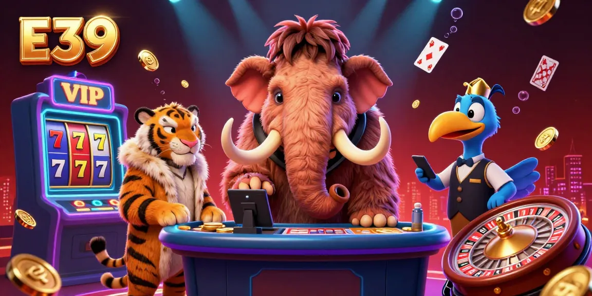 E39's vibrant casino scene showcases a woolly mammoth bouncer and VIP saber-tooth tiger amidst gold coins and spinning slot reels.