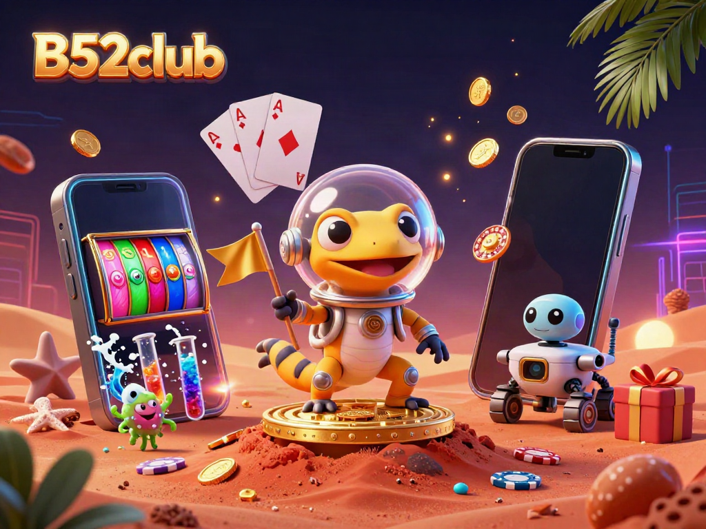 B52club showcases a Martian gecko uncovering a golden casino scene filled with vibrant gambling elements.