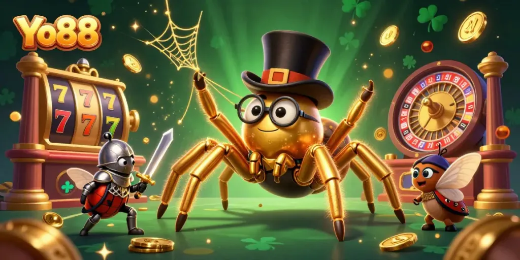 Experience excitement at Yo88 with a vibrant 3D scene of a golden tarantula and beetle knight amid slot reels and jackpots.