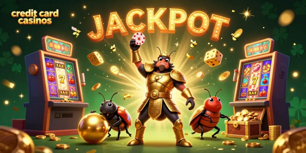 Experience thrilling credit card casinos with beetle characters celebrating a big win!